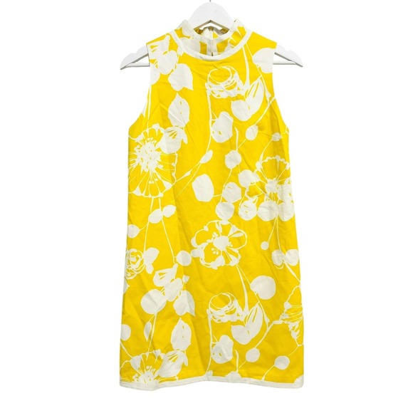 Trina Turk Dress Womens 2 Yellow White Floral Shift Mock Neck Sleeveless Lined‎